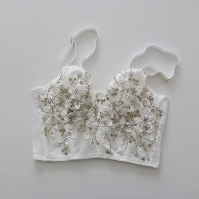 Soutien-gorge brodé 3D sexy en dentelle, corset à baleines, avec fermeture élargie et armature en ac