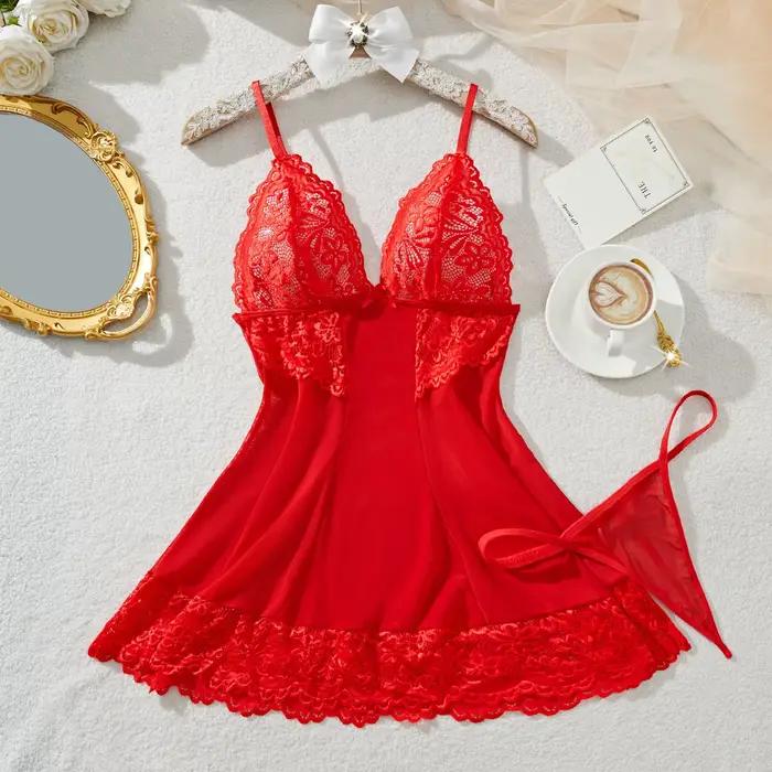 Ensemble de lingerie en dentelle rouge pour femmes, sous-vêtements, robe de nuit, soutien-gorge, che