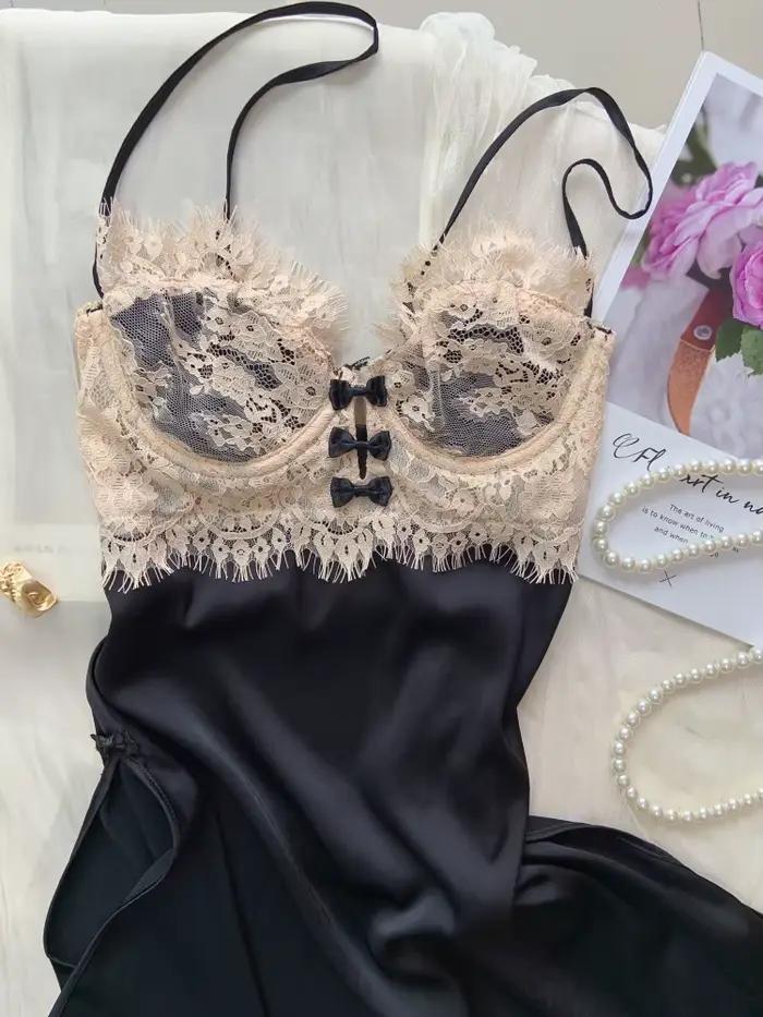 Vêtements de nuit violets pour dames, chemise de nuit à bretelles, Lingerie Sexy, cils en dentelle, 