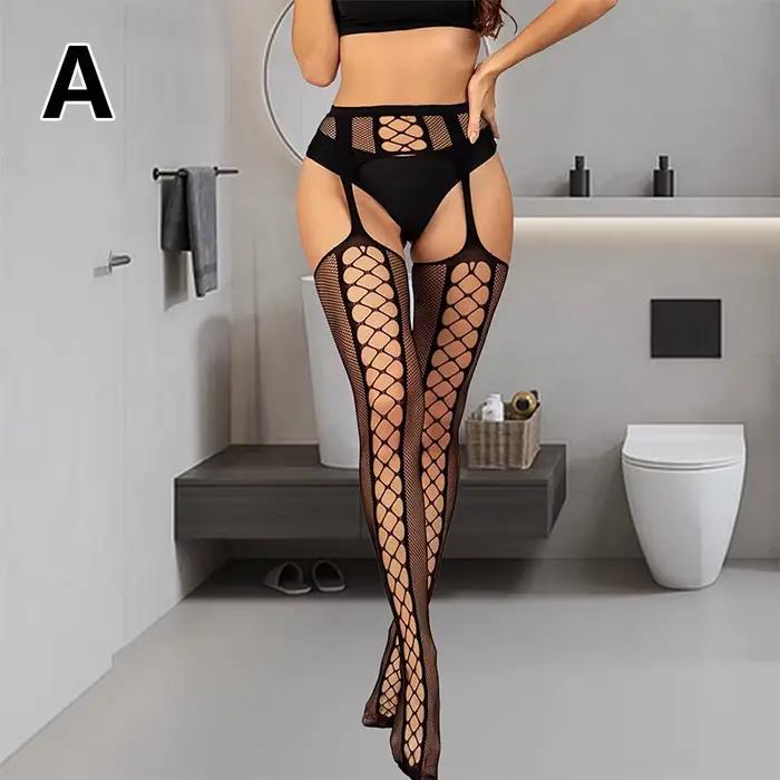 Bas résille avec porte-jarretelles pour femmes, collants, porte-jarretelles, bonneterie sexy, noir, 