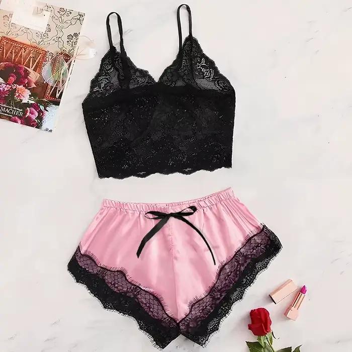 Ensemble pyjama en Satin pour femmes, 2 pièces, haut et short en dentelle, Lingerie Sexy, vêtements 
