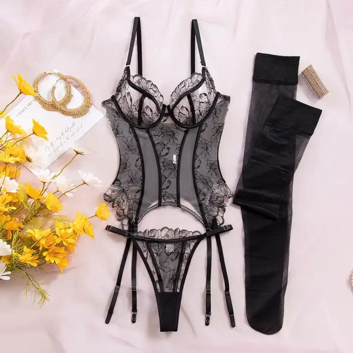 Ensemble de lingerie sexy et élégant pour femme, corset et string 2 pièces avec bas, motif floral, b
