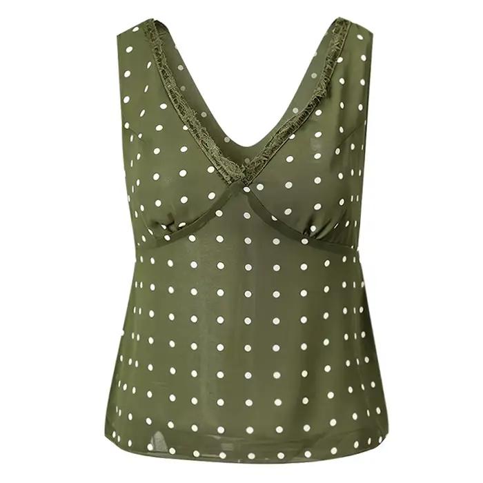 [EAM] Nouveaux débardeurs vintage moulants à pois verts en dentelle pour femmes, col en V, sans manc
