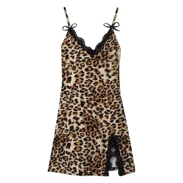 Chemise de nuit léopard en dentelle, col en V, dos nu, fente latérale, robe de nuit, vêtements de nu