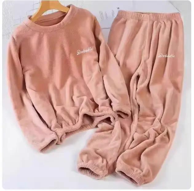 Ensemble pyjama pour Couple, décontracté, chaud, en flanelle, ample, col rond, hauts + pantalons, vê