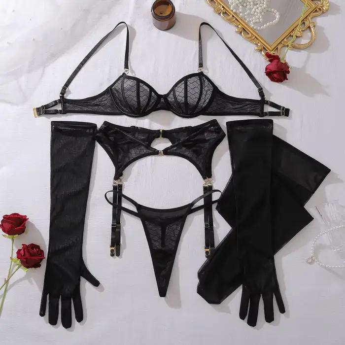 Ensemble de Lingerie Premium Ellolace pour Femme : Soutien-Gorge Résille, Ceinture et String 3 Pièce