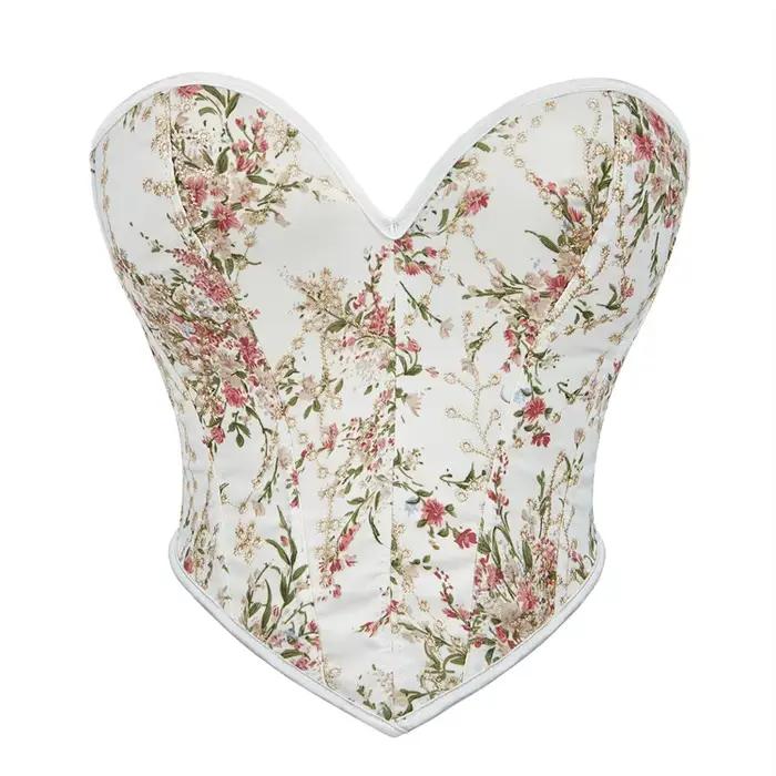 Vintage femmes surbuste Corset avec bretelles Sexy à lacets imprimé fleuri Push Up haut bustier fête