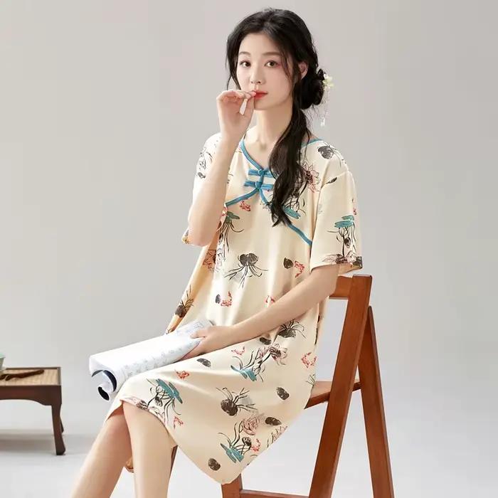 Robe de nuit imprimée vintage pour femmes, chemise de nuit en coton à manches courtes, vêtements de 