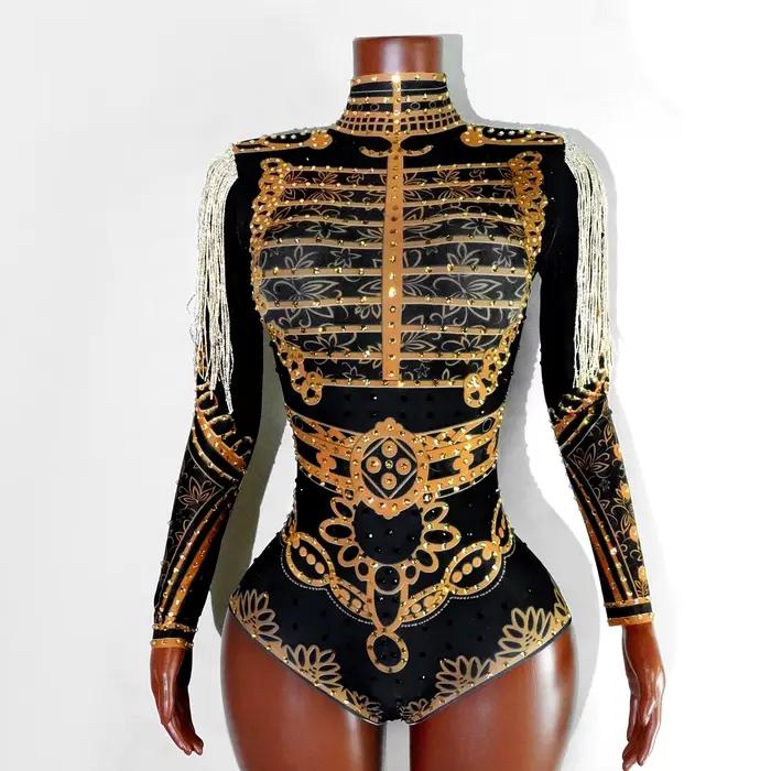 Nouveau Costume de spectacle sur scène diamants noir body extensible pour femmes body à franges disc