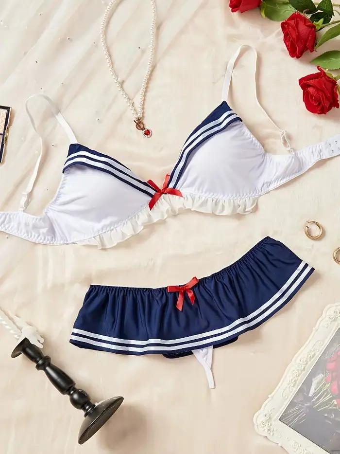 Ensemble de lingerie sexy de marin, costume de cosplay d'écolière, tenue de bikini 3 pièces pour jeu