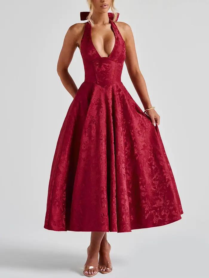 Robe longue Corset en Jacquard jaune pour femmes, col en V, col licou, nœud licou, robes de soirée d