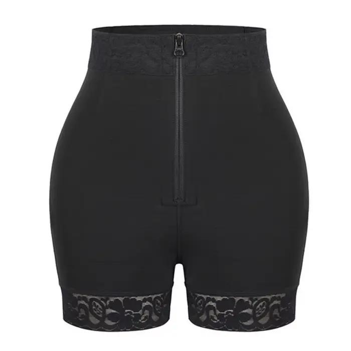 Shorts de compression taille haute sans couture à fermeture éclair sur le devant, effet remonte-fess