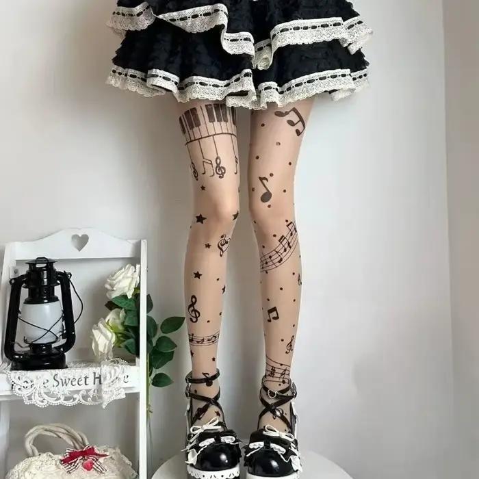 Collants pour femmes à imprimé notes de musique, fins, très élastiques, style Lolita JK, pour festiv