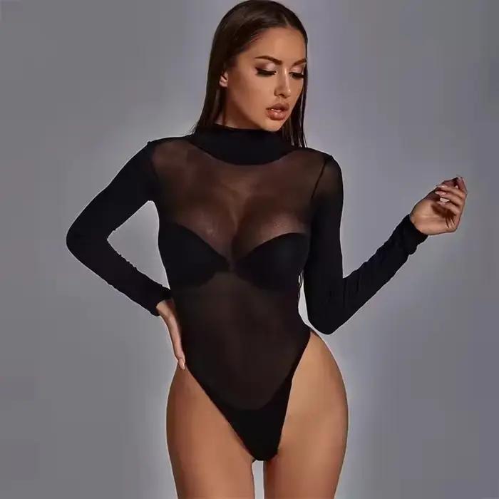 Body en maille transparente élastique, noir, manches longues, moulant, une pièce, hauts pour femmes,