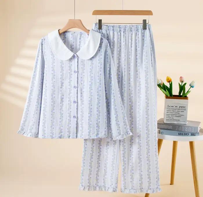 Cottagecore ensemble pyjama pour femmes 100% coton imprimé fleuri à manches longues vêtements de nui