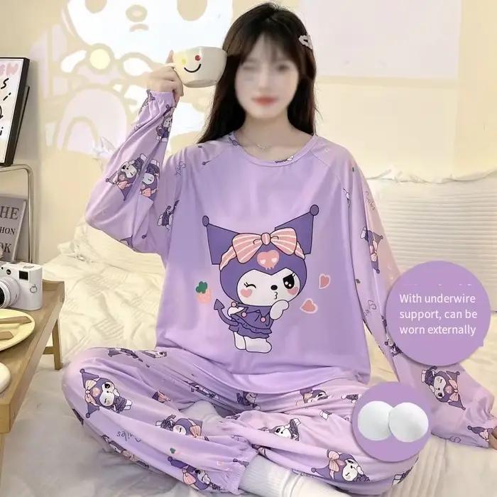 Pyjama Sanrio mignon 2 pièces Kuromi, vêtements de nuit printemps, pantalon à manches longues, pyjam