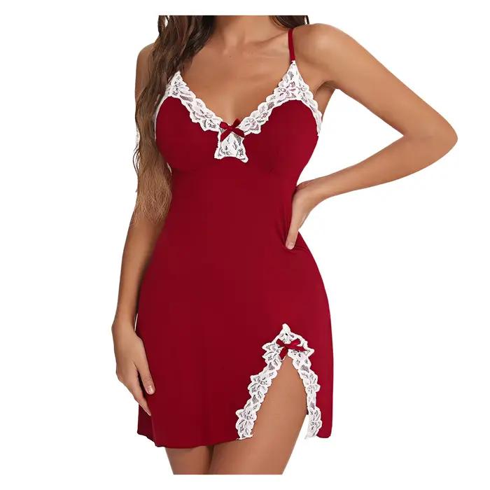 Vêtements de nuit sexy femmes dentelle soie Satin col en v chemise de nuit ourlet fendu doux Lingeri