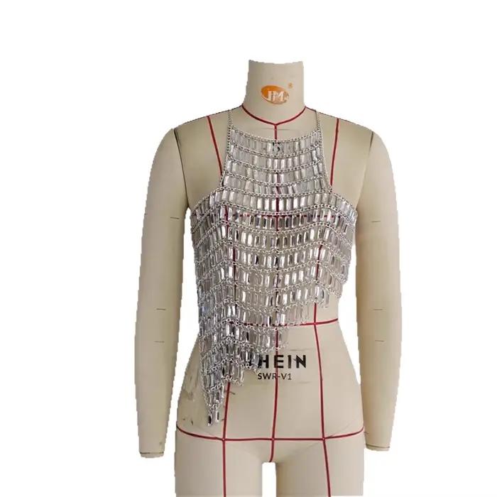 Chaîne de soutien-gorge perlée en strass argenté pour femmes, chaîne licou en métal scintillant, per