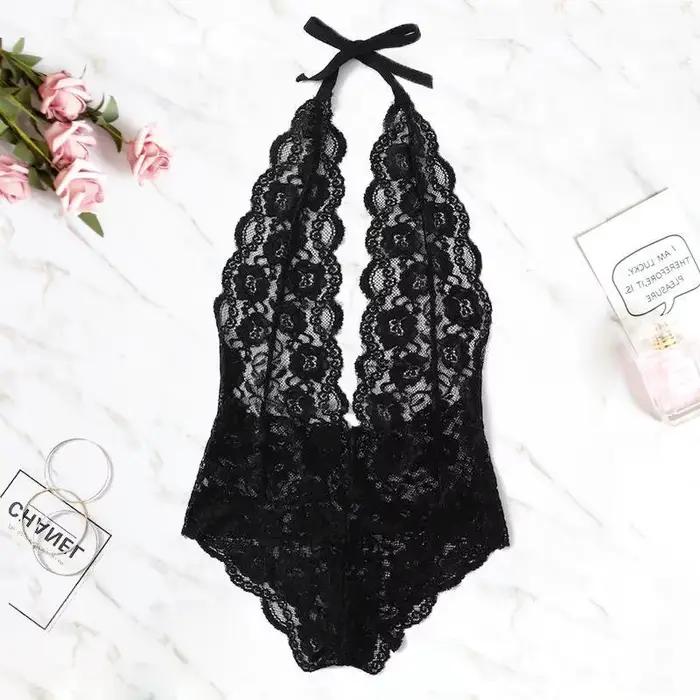 Ensemble de lingerie érotique sexy pour femme, body teddy babydoll en dentelle ajourée avec nœud et 