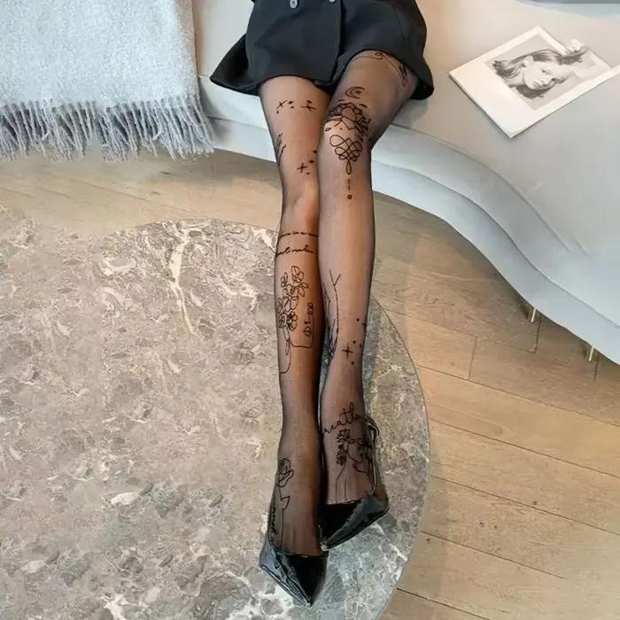 Collants Sexy pour femmes, avec tatouages à motifs, Inscriptions de fleurs, lettres, bas noirs fins 