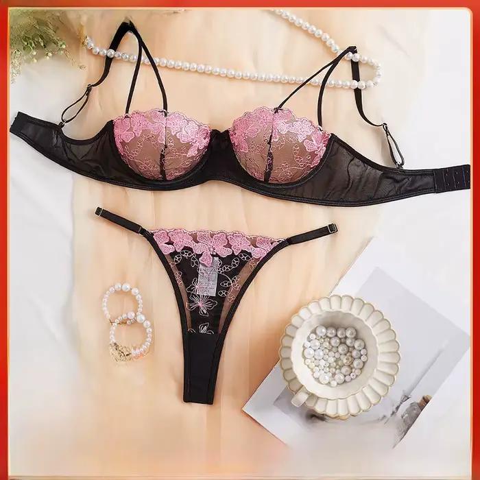 Sous-vêtements sexy en dentelle pour femmes, ensemble de soutien-gorge en matériau léger rose, grand