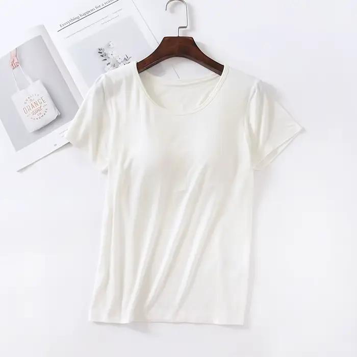 T-Shirt de soutien-gorge intégré pour femmes, rembourré, manches courtes, haut ajusté, col rond, auc