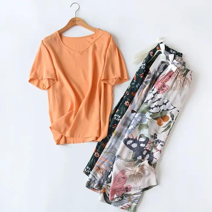 Femmes élégant 2 pièces imprimé fleuri vêtements de ménage dames ample mince rayonne pyjamas ensemble multicolore coton