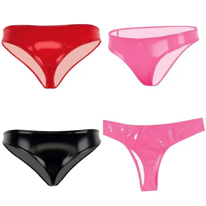 Culotte taille basse en cuir verni rouge rose pour femme – Sexy