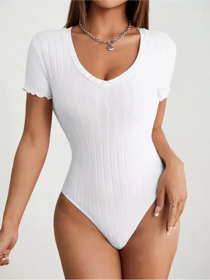 Combinaison en tricot côtelé pour femme, col en V profond, manches courtes, poignets à volants, coupe ajustée, combinaison basique Y2K, tenue décontractée pour tous les jours