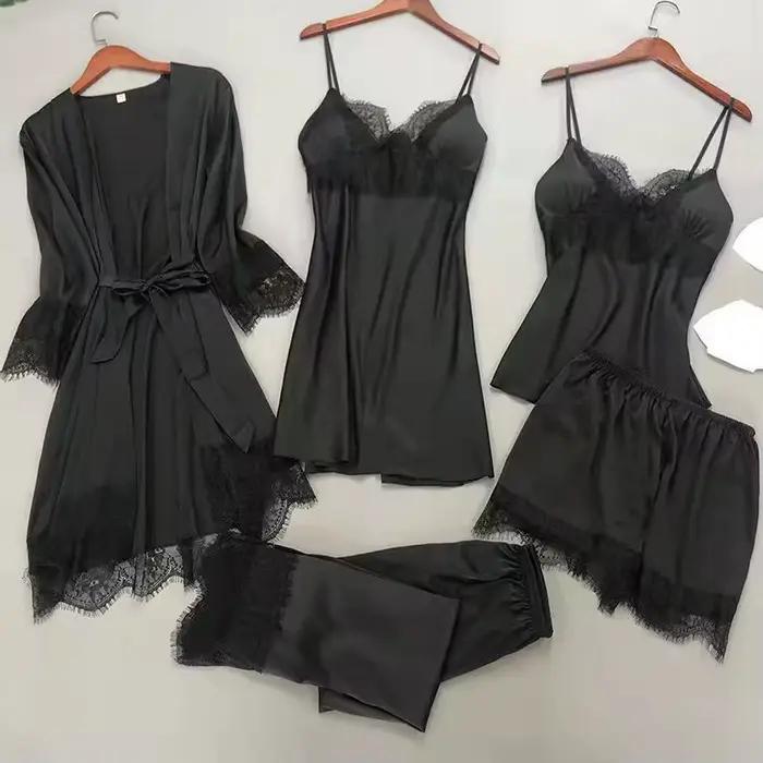 Blanc 5 pièces ensemble de sommeil Pyjamas dame dentelle Satin