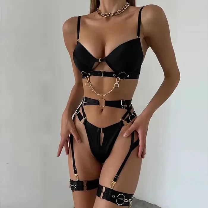 Lingerie fine, sous-vêtements fantaisie Sexy, ensembles de luxe délicats de 5 pièces avec soutien-gorge en chaîne et culotte, jarretelles intimes
