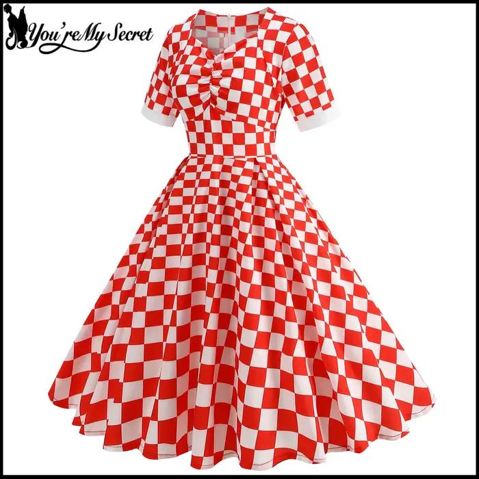 [You're My Secret] Robe Rockabilly des années 50 et 60 pour femmes, robe vintage à carreaux rouges et blancs, robe Hepburn Pin-up Swing, vêtements d'été