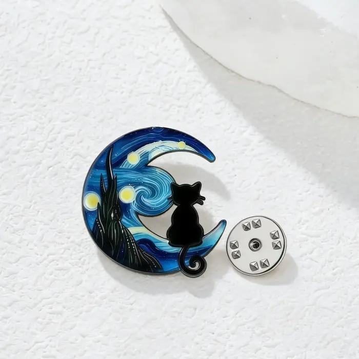 Broche Van Gogh La Nuit étoilée, étoile, lune et chat noir, broches asymétriques ciel nocturne pour femme, bijoux d'anniversaire