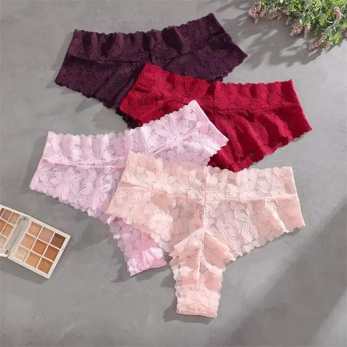 FINETOO Lot de 4 culottes sexy en dentelle florale pour femme