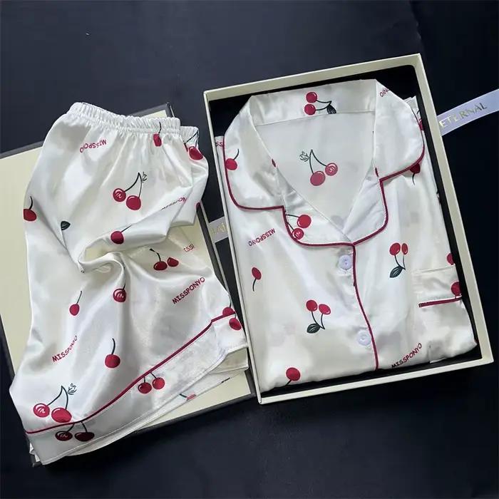 Ensemble pyjama imprimé cerise pour femmes, vêtements de nuit deux pièces en Satin, chemise à manches courtes et Short, vêtements de maison décontractés à la mode, été