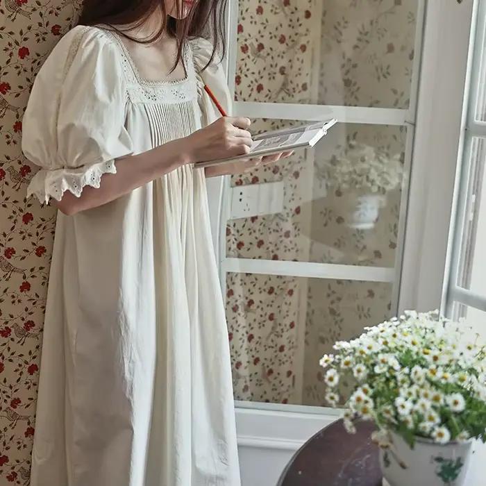 Français col en v Vintage longues chemises de nuit blanches femmes été manches courtes 100% coton chemise