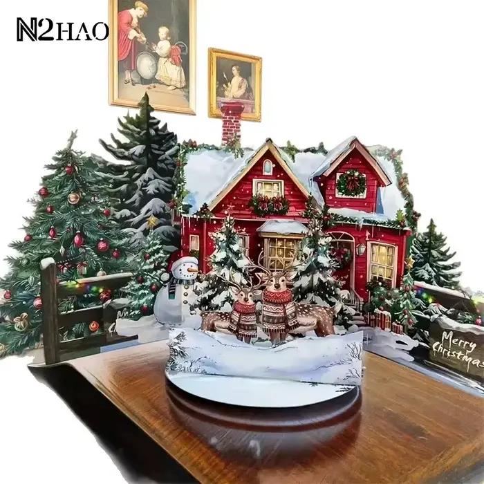 Carte de noël 3D, scène de nuit avant noël avec père noël, renne, Village enneigé, carte de vœux de vacances Festive