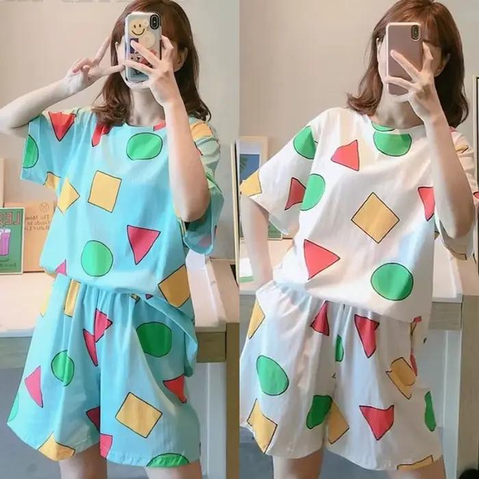 Pyjamas à manches courtes femmes été dessin animé mignon géométrique vêtements de nuit Homewear pull décontracté chemise