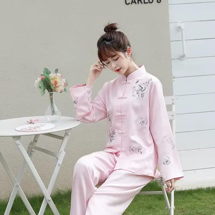 Pritning fleur chinois pyjamas ensemble de sommeil chemise pantalon col montant vêtements de nuit 2 pièces broderie
