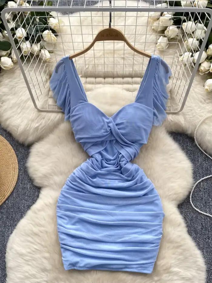 Foamlina robe de soirée Club femmes 2025 mode d'été solide col en V manches volantes taille haute plissée maille