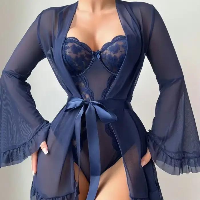 Ensemble de lingerie sexy en dentelle avec body, bas et manches cloche pour femme, en fibre de polyester, épaisseur moyenne, décontracté