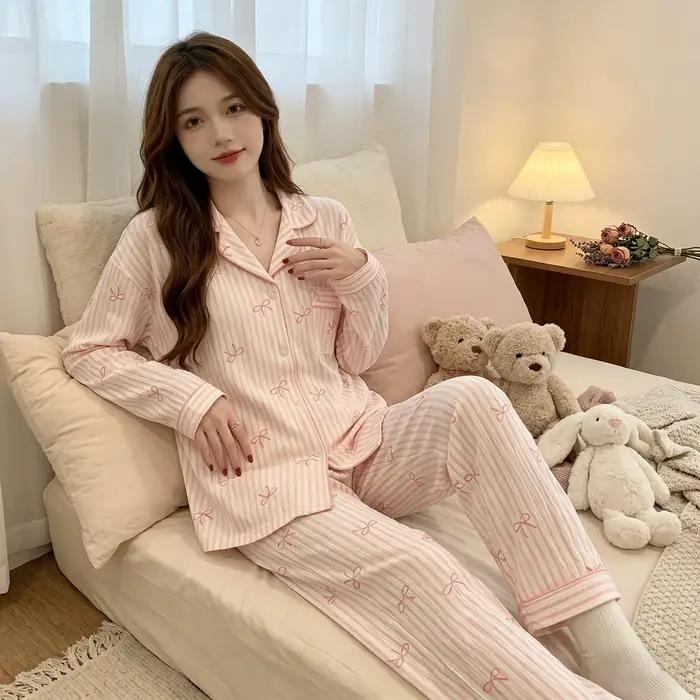 Nouvel ensemble de pyjama décontracté en tissu froissé à manches longues pour étudiantes et femmes