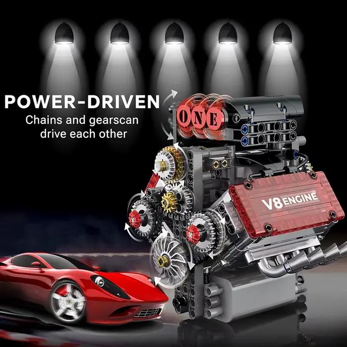Modèle de simulation de moteur V8 en briques, blocs de construction à entraînement électrique, pièces de voiture techniques, jouets créatifs DIY, cadeaux pour adultes