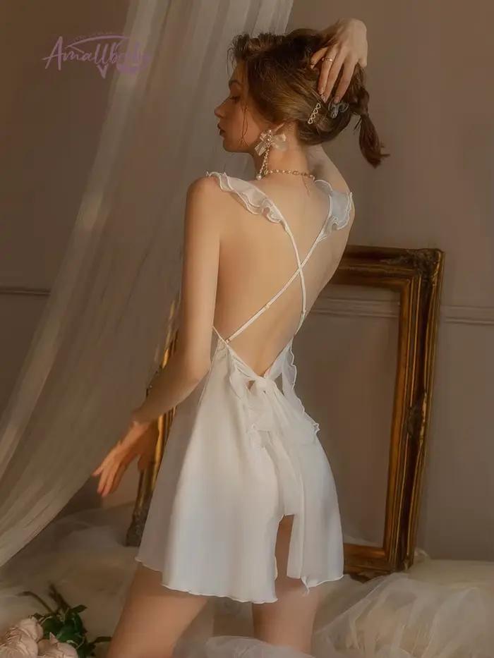 Nuisette dos nu en Satin, Lingerie Sexy, soie glacée, décolleté en V profond, pyjama, vêtements de nuit pour la maison
