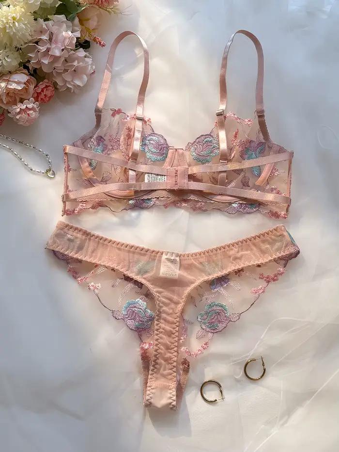 Ensemble soutien-gorge et culotte en dentelle rose pastel avec armatures en acier, pour femmes, motifs floraux, usage quotidien et occasions spéciales