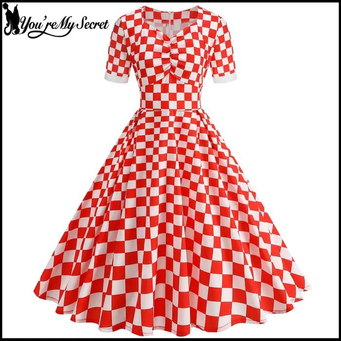 [You're My Secret] Robe Rockabilly des années 50 et 60 pour femmes, robe vintage à carreaux rouges et blancs, robe Hepburn Pin-up Swing, vêtements d'été