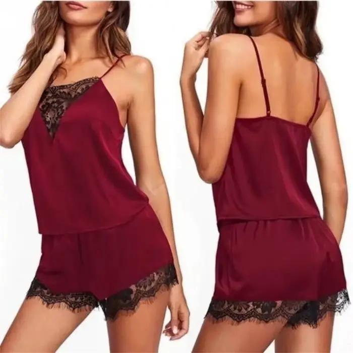 Ensemble Pyjama en Satin et Dentelle pour Femme, Lingerie, Short à Bretelles artificiel astiques, Vêtements de Nuit Sexy, Sous-Vêtements