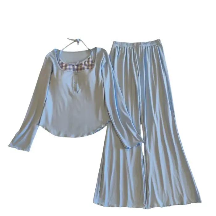 Pyjama femme printemps automne hiver nouveau pantalon à manches longues ensemble coussin de poitrine coréen coton