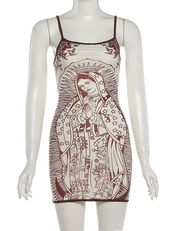 Kliou Sexy Voir À Travers Sling Robe Femme D'été Tendance Art Imprimer Col Bas Dos Nu Sans Manches Skinny Pêche Fesses Mini Moulante