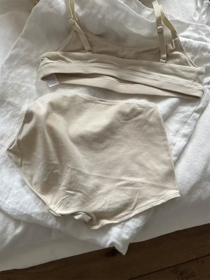 Ensemble de lingerie vintage en coton pour femme : soutien-gorge sans couture à bretelles ajustables + culotte boxer taille basse, couleur unie, simple, haute élasticité
